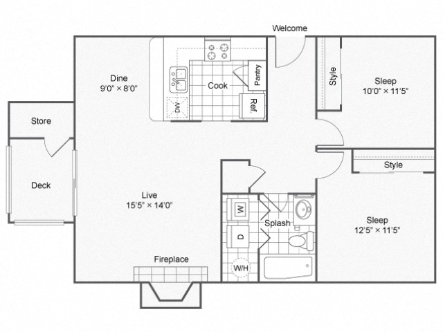 Floor plan for 2 beds, 1 bath, 836 sqft